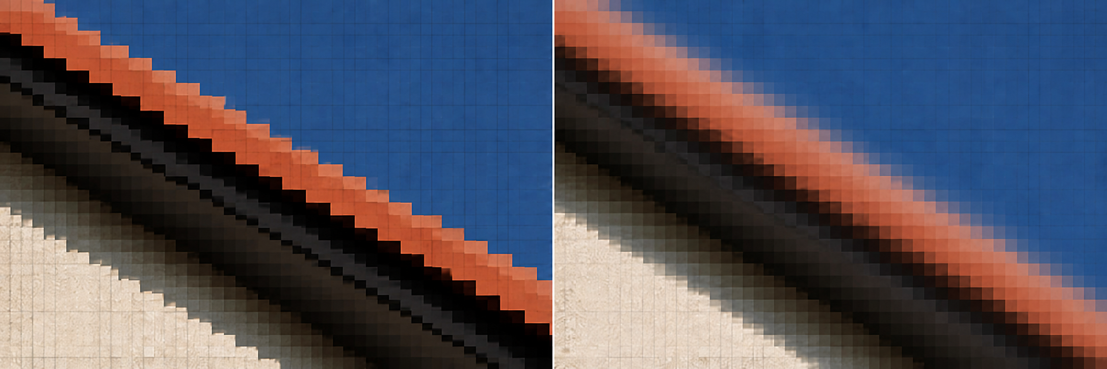 Vergleich: Treppeneffekt ohne Anti-Aliasing und geglättete Kante mit Anti-Aliasing