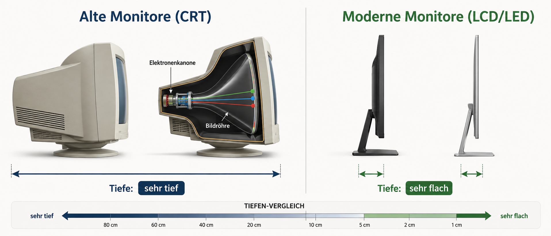 Vergleich: klobiger Röhrenfernseher (CRT) und flacher LED-Bildschirm