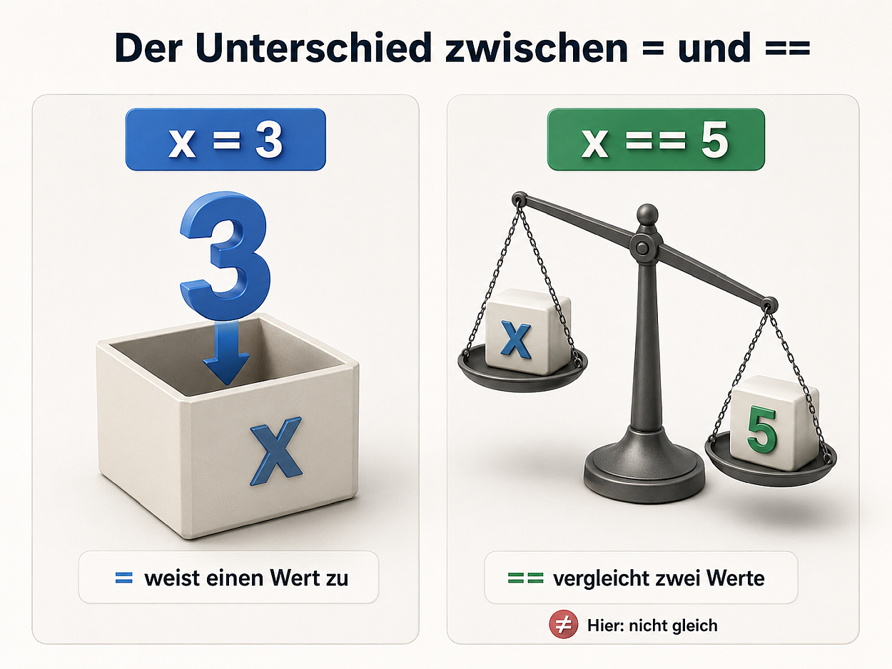 = weist zu, == vergleicht