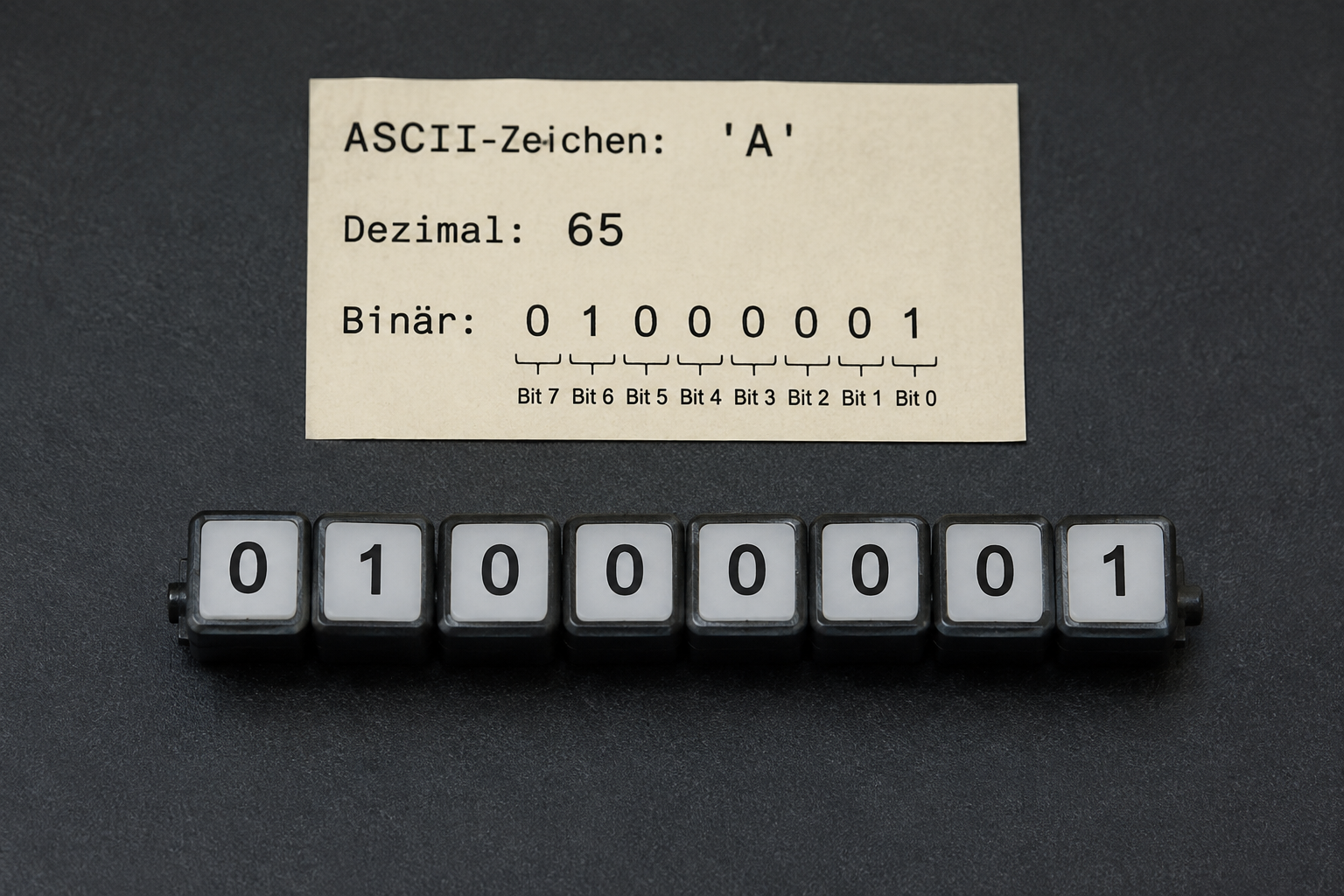 ASCII-Zeichen A als Dezimalzahl 65 und Binärzahl 01000001, physisch dargestellt