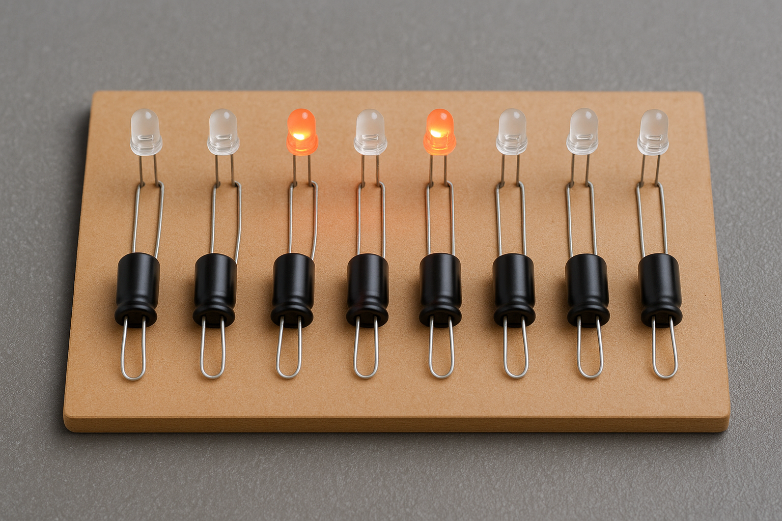 Acht LEDs auf einer Platine, jede einzeln an oder aus