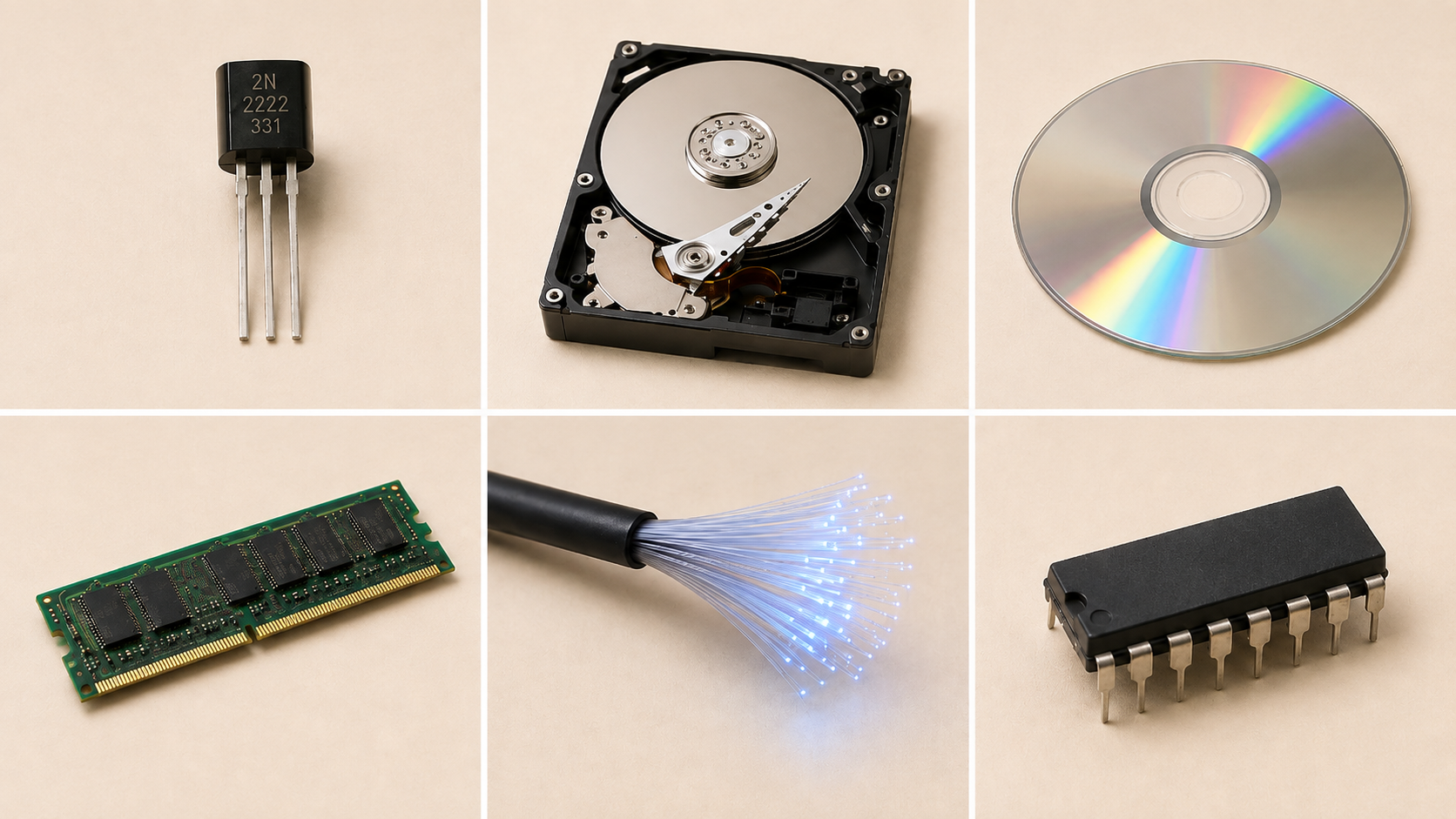 Sechs Beispiele für Zweizustandssysteme im Computer: Transistor, Festplatte, CD, RAM, Glasfaserkabel, IC-Chip